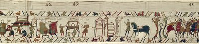 Normans Construct Fortifications at Hastings and, Hearing News of Harold, Set Off into Battle, Bayeux Tapestry by Unbekannt Unbekannt